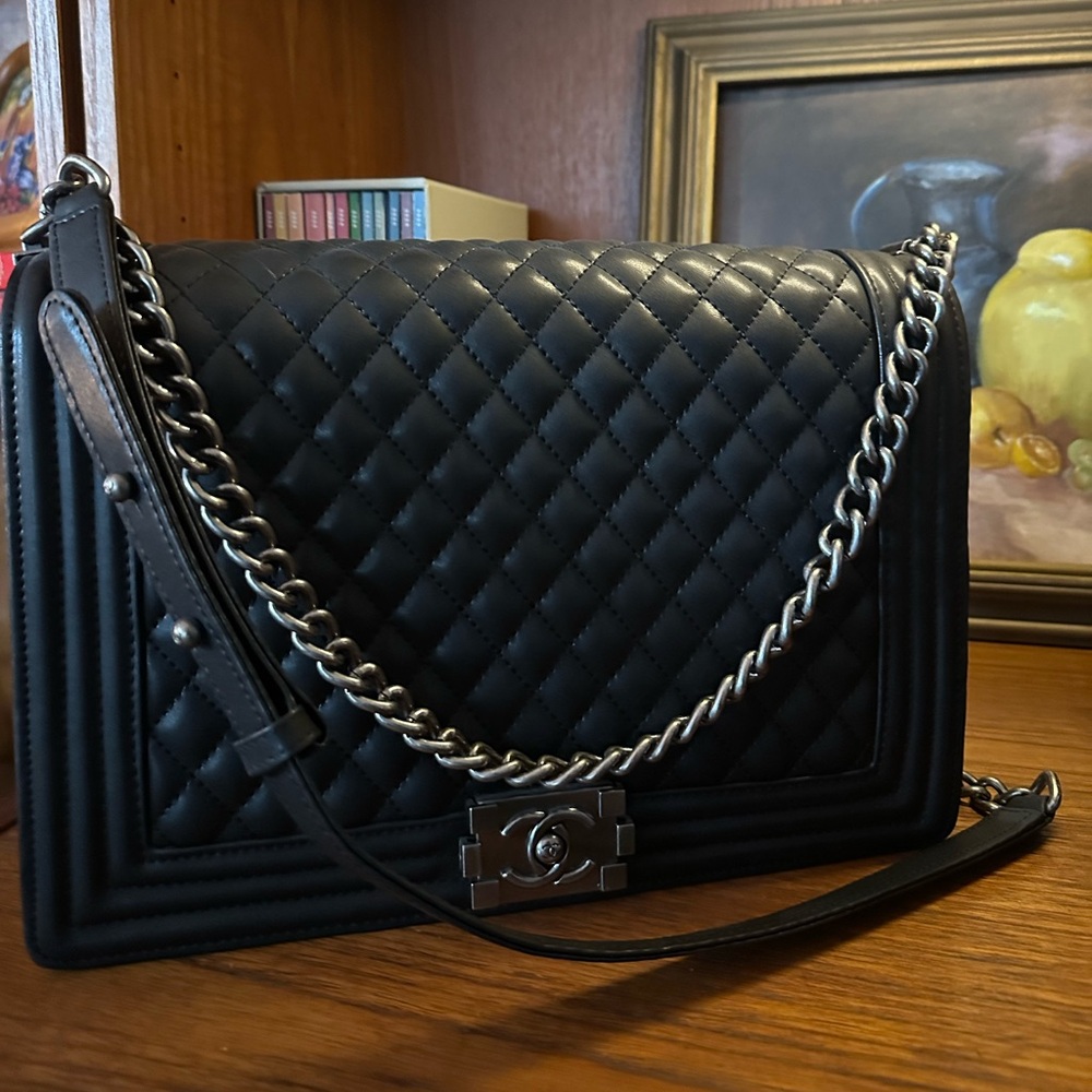 CHANEL Black Leather Tag with Gray Lining